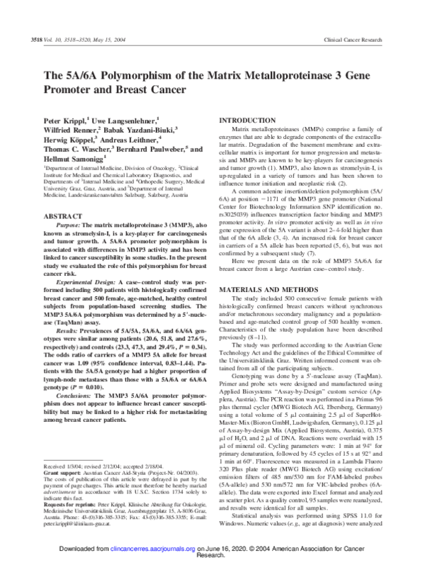 (PDF) The 5A/6A Polymorphism of the Matrix Metalloproteinase 3 Gene ...