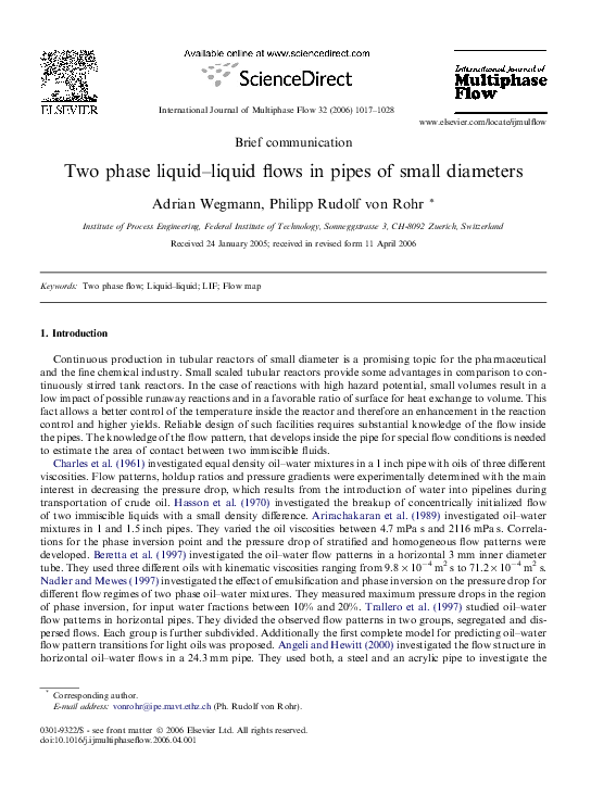 (PDF) Two phase liquid–liquid flows in pipes of small diameters