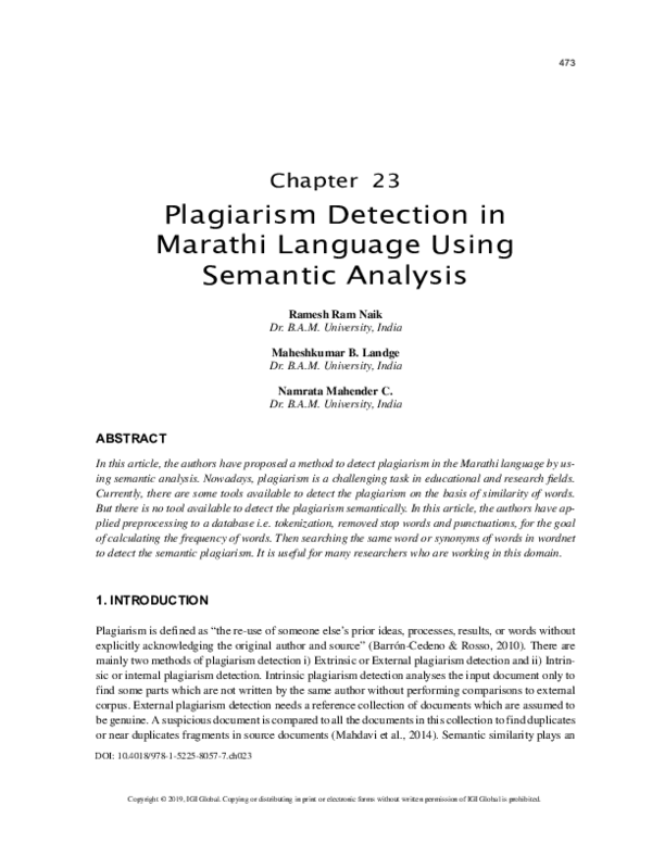 (PDF) Plagiarism Detection in Marathi Language Using Semantic Analysis