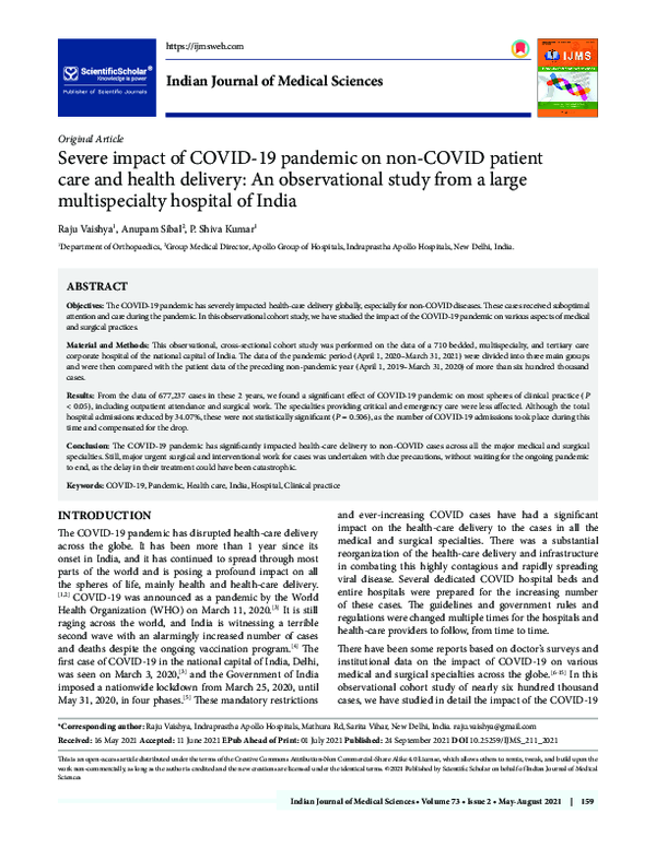 (PDF) Severe impact of COVID-19 pandemic on non-COVID patient care and ...