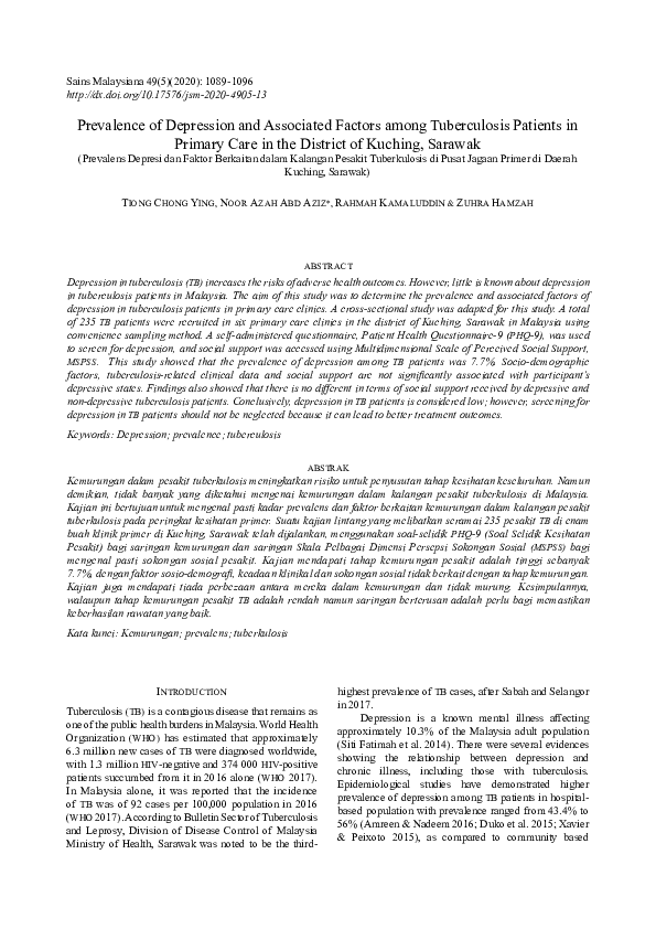 (PDF) Prevalence of Depression and Associated Factors among ...