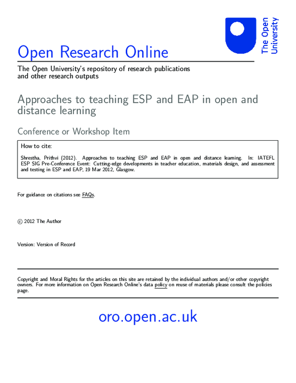 (PDF) Approaches to teaching ESP and EAP in open and distance learning