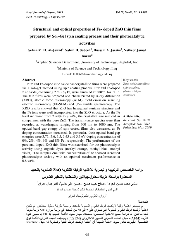 (PDF) Structural and optical properties of Fe- doped ZnO thin films ...