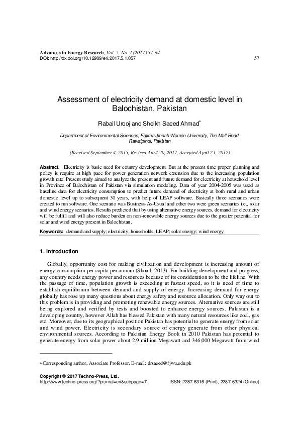 (PDF) Assessment of electricity demand at domestic level in Balochistan ...