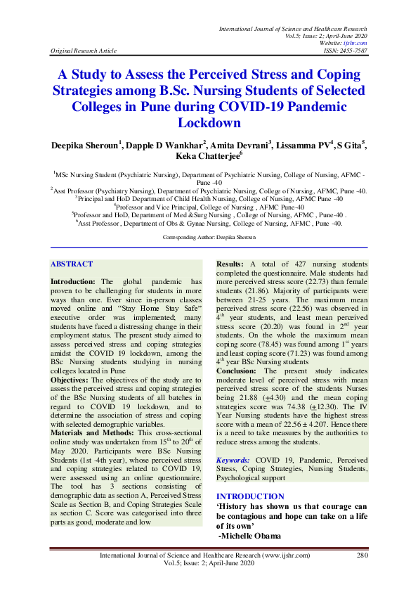 (PDF) A Study to Assess the Perceived Stress and Coping Strategies ...