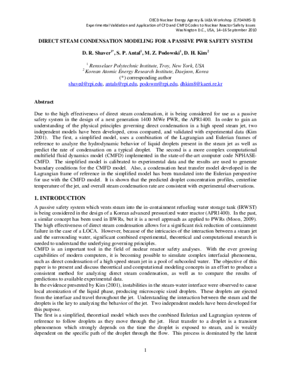 (PDF) Direct Steam Condensation Modeling for a Passive PWR Safety System