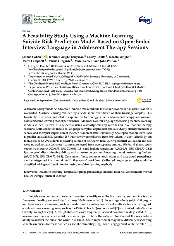 (PDF) A Feasibility Study Using a Machine Learning Suicide Risk ...