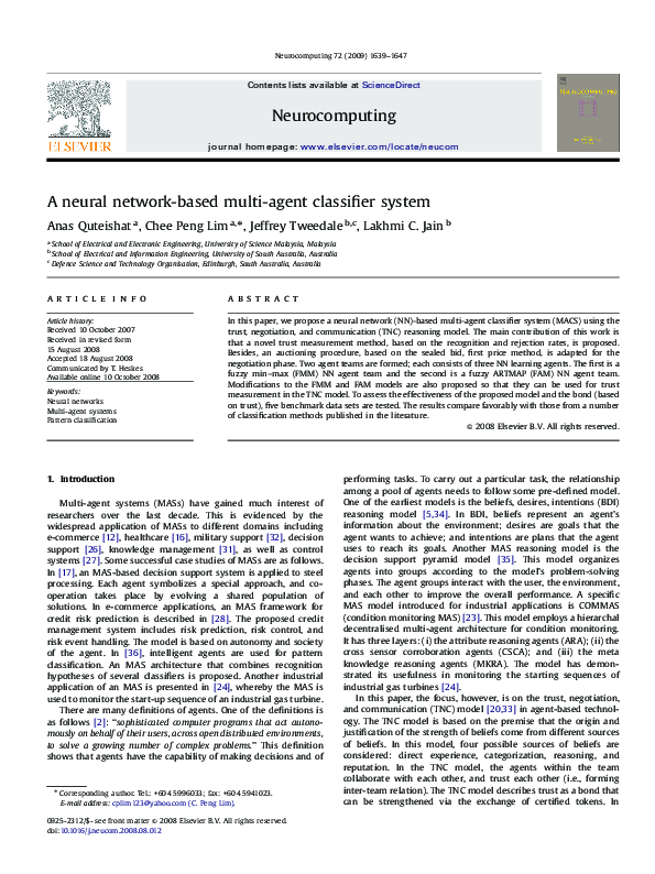 (PDF) A neural network-based multi-agent classifier system