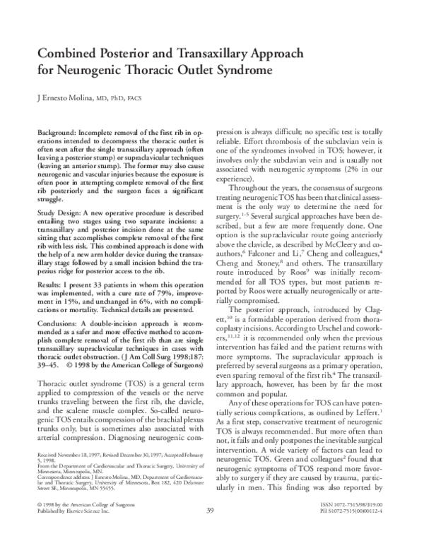 (PDF) Combined posterior and transaxillary approach for neurogenic ...