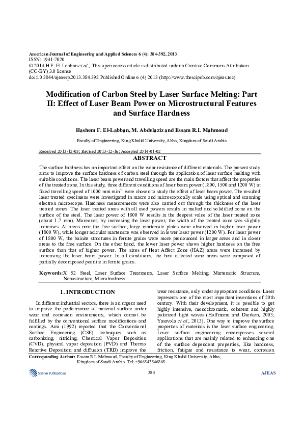(PDF) Modification of Carbon Steel by Laser Surface Melting: Part II ...