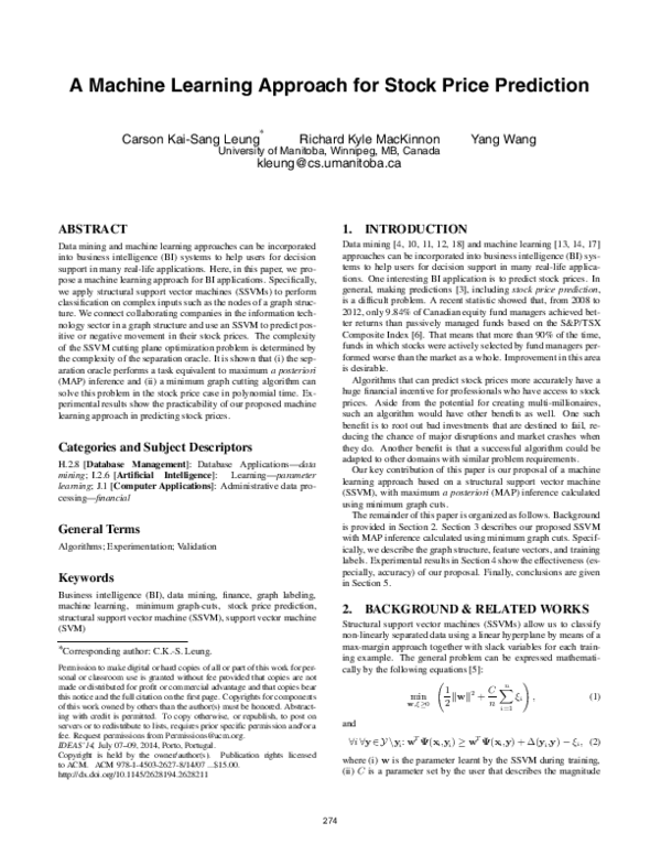 (PDF) A machine learning approach for stock price prediction