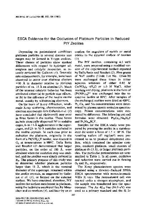(PDF) ESCA evidence for the occlusion of platinum particles in reduced ...