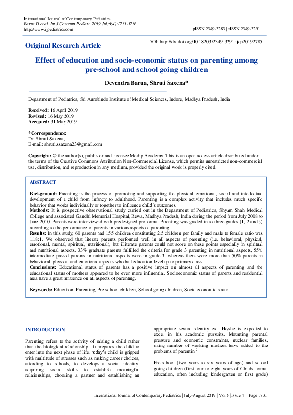 (PDF) Effect of education and socio-economic status on parenting among ...