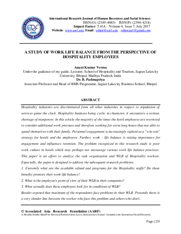 (PDF) A Study of Work Life Balance from the Perspective of Hospitality ...