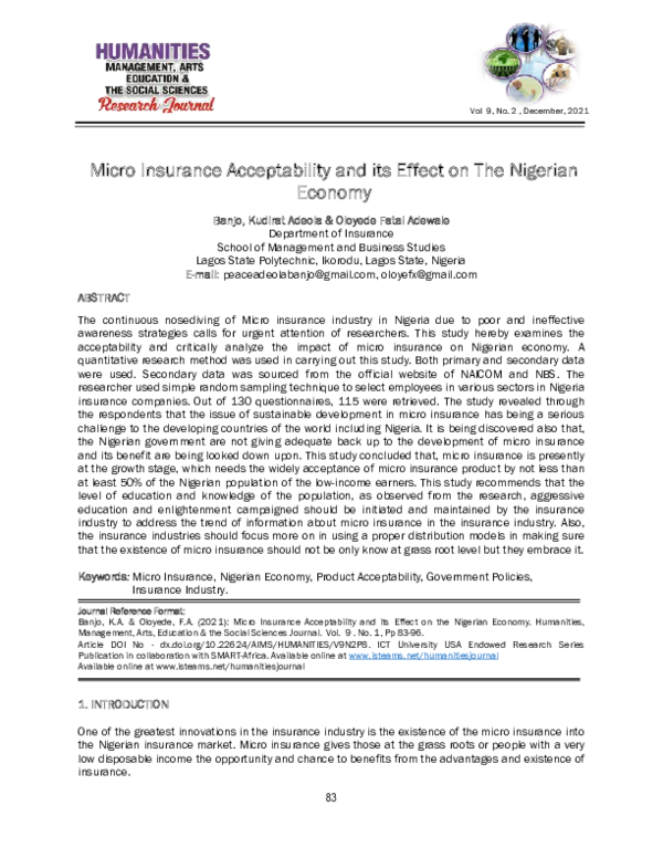 (PDF) Micro Insurance Acceptability and its Effect on The Nigerian Economy