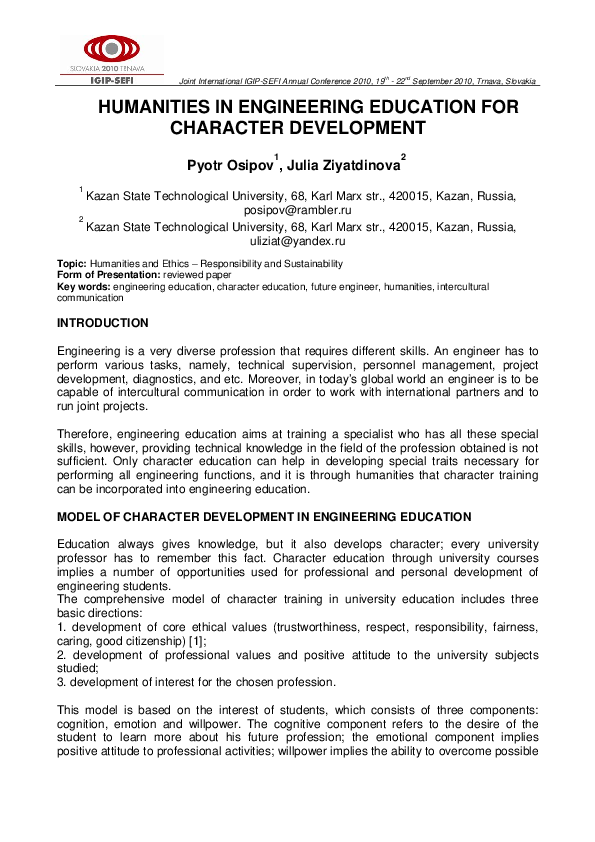 (PDF) Humanities in Engineering Education for Character Development
