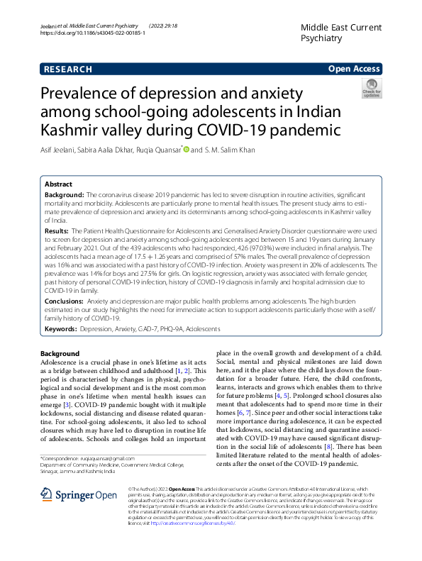 (PDF) Prevalence of depression and anxiety among school-going ...