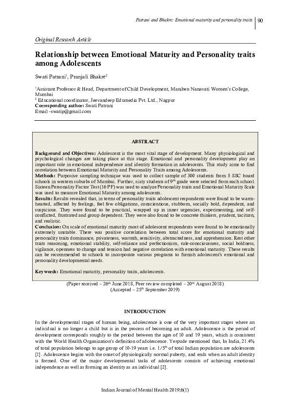 (PDF) Relationship between Emotional Maturity and Personality traits ...