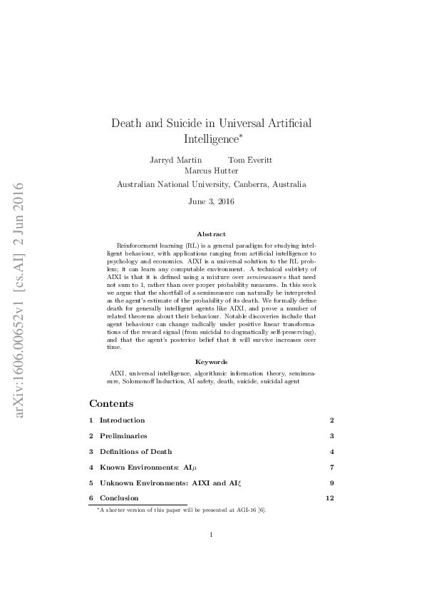 (PDF) Death and Suicide in Universal Artificial Intelligence