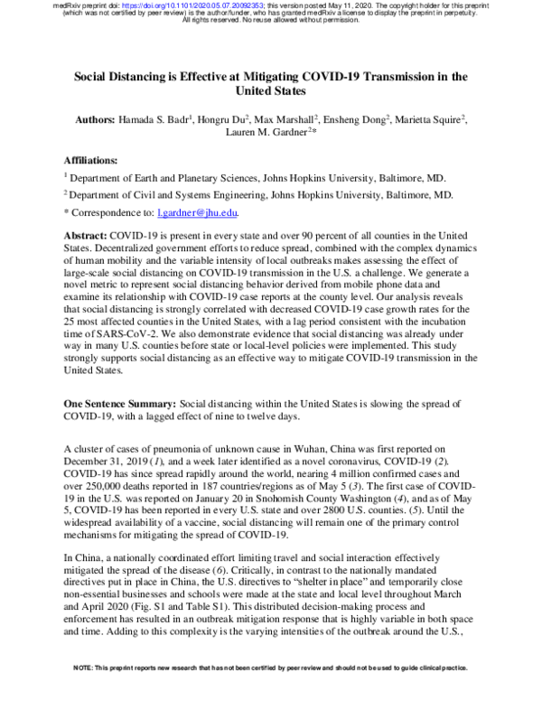 (PDF) Social Distancing is Effective at Mitigating COVID-19 ...