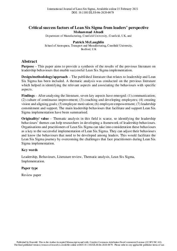 (PDF) Critical success factors of Lean Six Sigma from leaders’ perspective