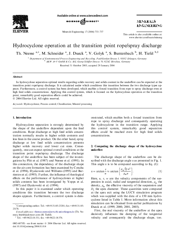 (PDF) Hydrocyclone operation at the transition point rope/spray discharge
