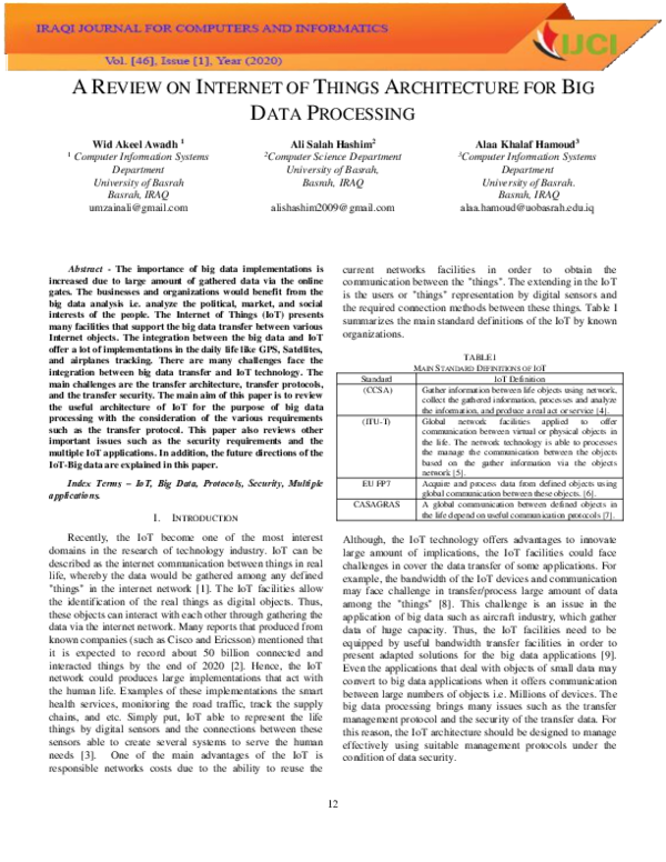 (PDF) A Review on Internet of Things Architecture for Big Data Processing