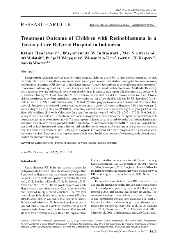 (PDF) Treatment Outcome of Children with Retinoblastoma in a Tertiary ...