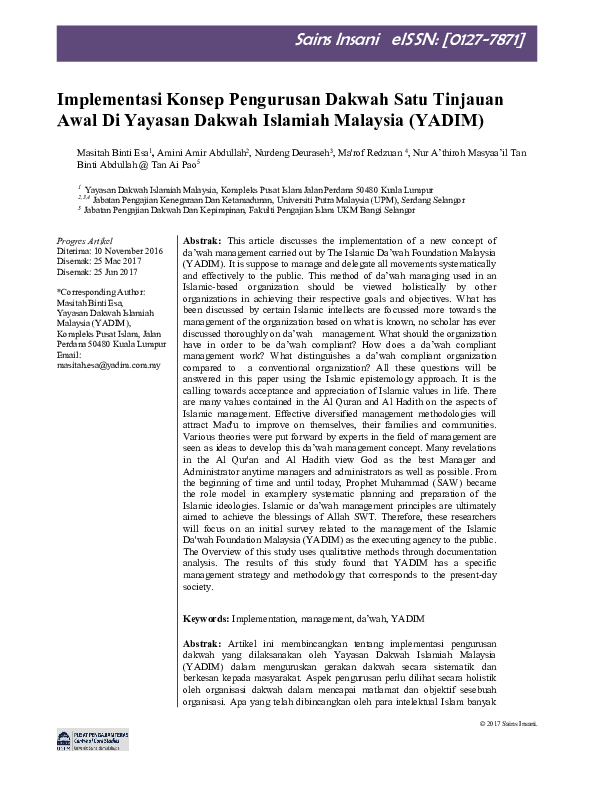 (PDF) Implementasi Konsep Pengurusan Dakwah Satu Tinjauan Awal Di
