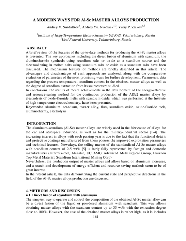 (PDF) A MODERN WAYS FOR Al-Sc MASTER ALLOYS PRODUCTION