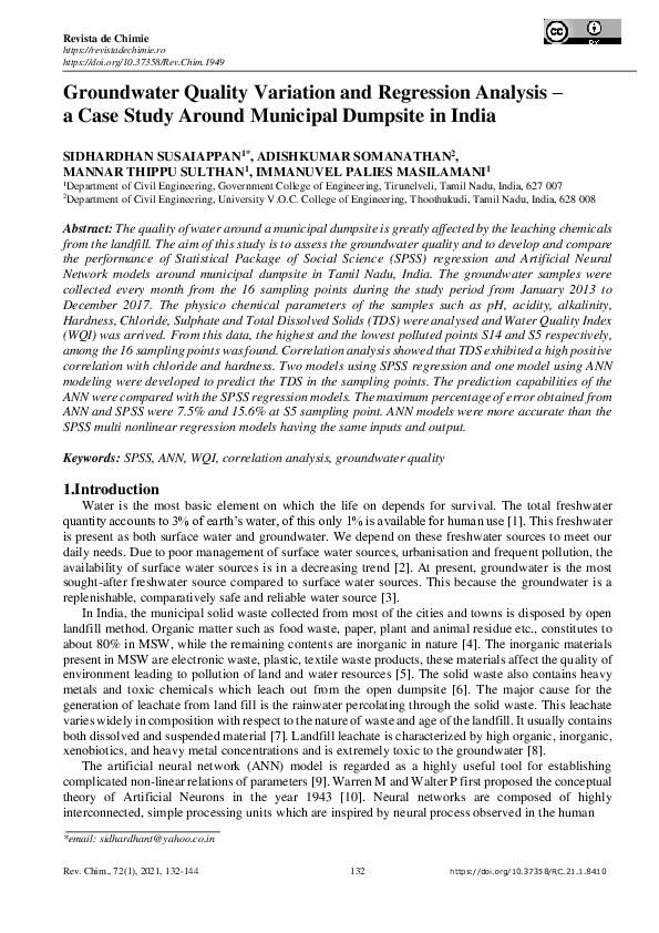 (PDF) Groundwater Quality Variation and Regression Analysis a Case ...