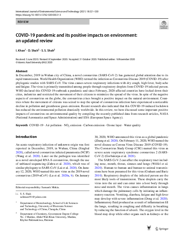 (PDF) COVID-19 pandemic and its positive impacts on environment: an ...