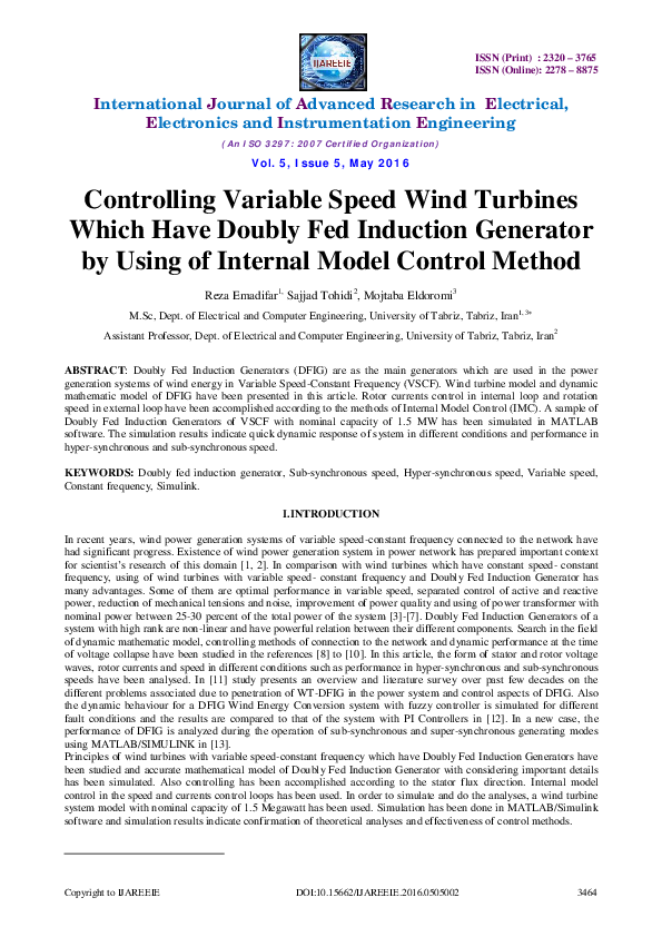 (PDF) Controlling Variable Speed Wind Turbines Which Have Doubly Fed ...