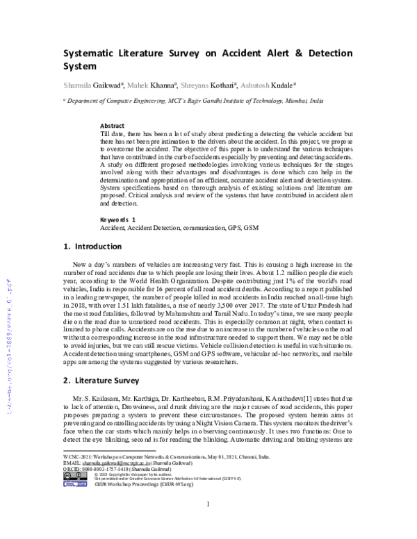 (PDF) Systematic Literature Survey on Accident Alert & Detection System