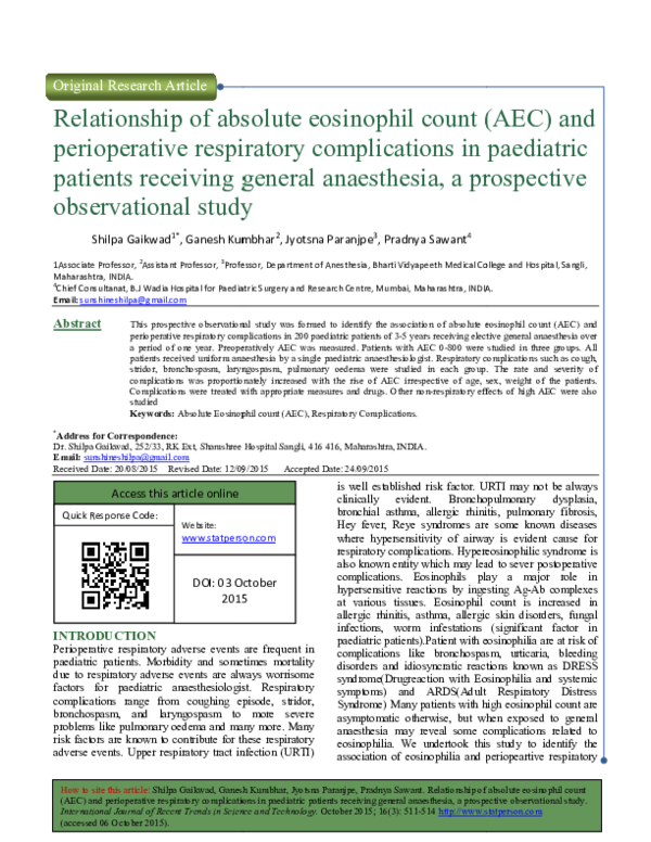 (PDF) Relationship of absolute eosinophil count (AEC) and perioperative ...