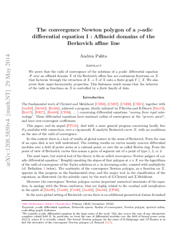 (PDF) The convergence Newton polygon of a p-adic differential equation ...
