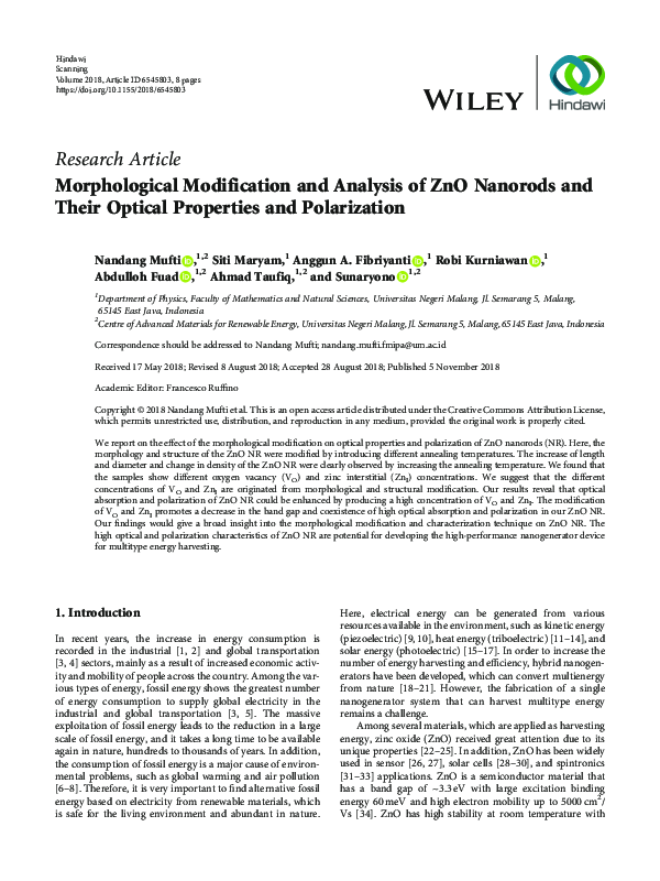 (PDF) Morphological Modification and Analysis of ZnO Nanorods and Their ...