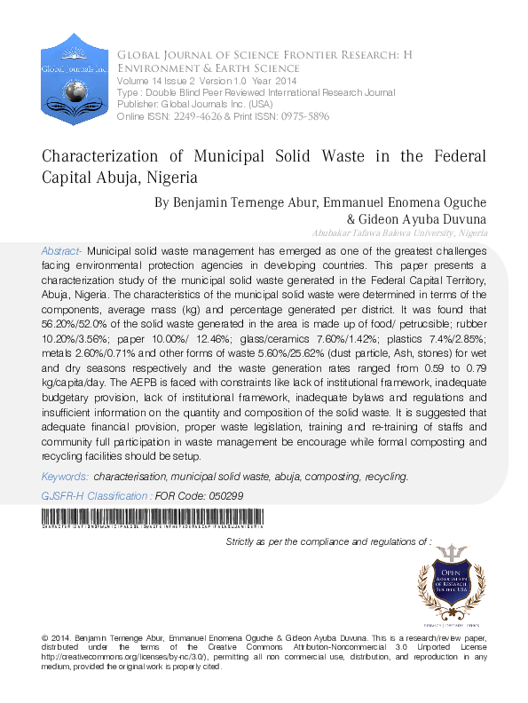 (PDF) Characterization of Municipal Solid Waste in the Federal Capital ...