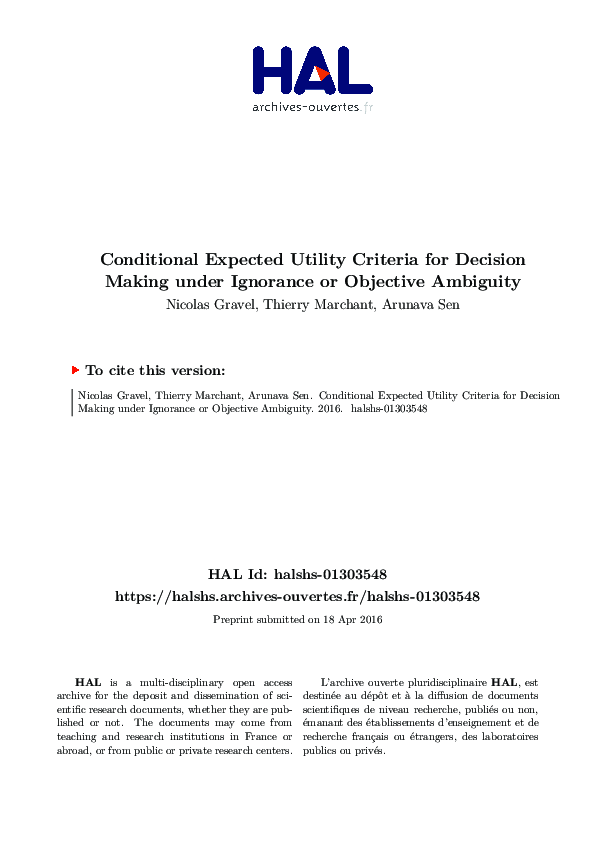 (PDF) Conditional expected utility criteria for decision making under ...
