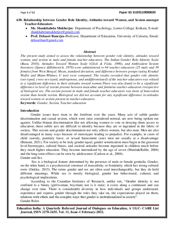 (PDF) 630. Relationship between Gender Role Identity, Attitudes toward ...
