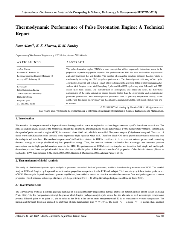 (PDF) Thermodynamic Performance of Pulse Detonation Engine A Technical