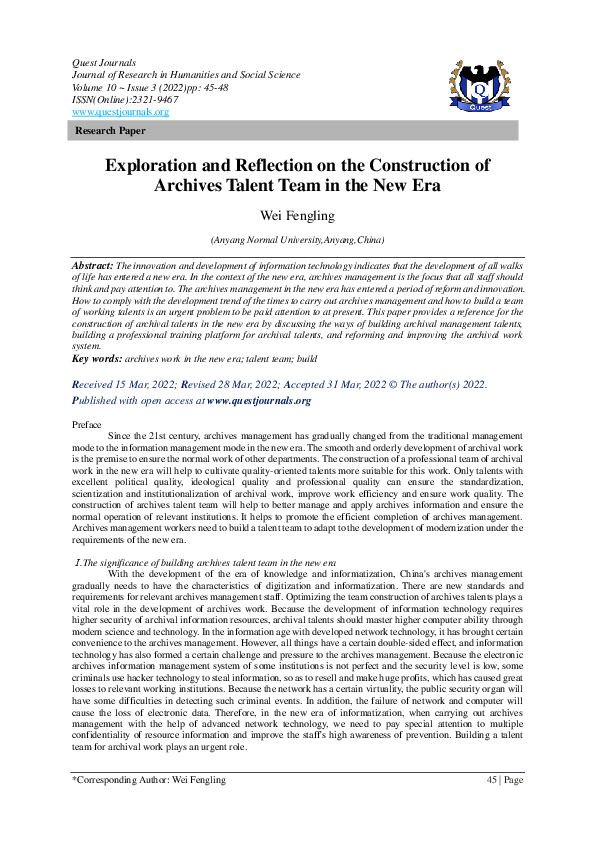 (PDF) Exploration and Reflection on the Construction of Archives Talent ...