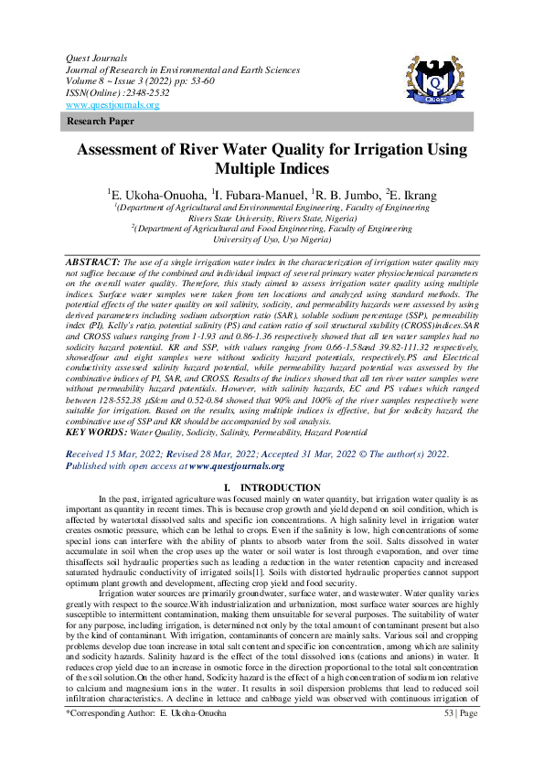 (PDF) Assessment of River Water Quality for Irrigation Using Multiple ...