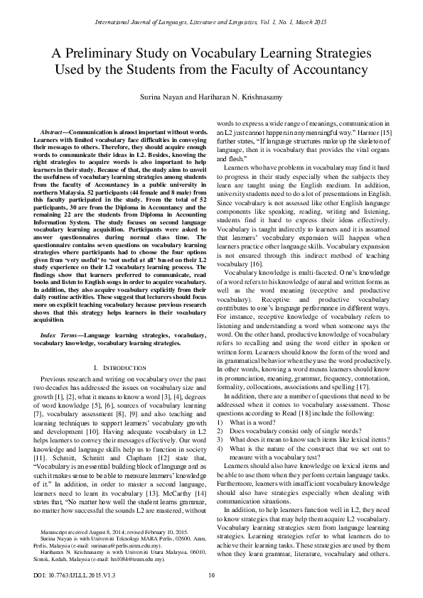 (PDF) A Preliminary Study on Vocabulary Learning Strategies Used by the ...