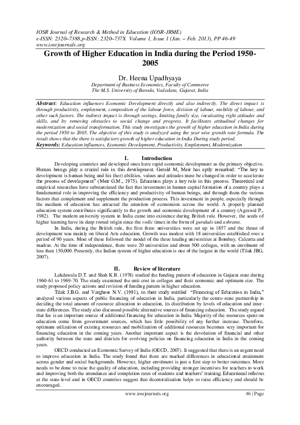 (PDF) Growth of Higher Education in India during the Period 1950- 2005