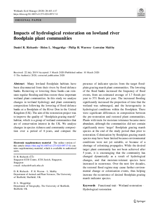 (PDF) Impacts of hydrological restoration on lowland river floodplain ...