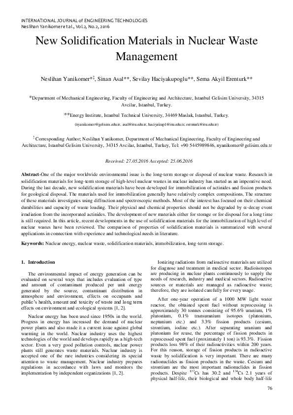 (PDF) New Solidification Materials in Nuclear Waste Management Sinan