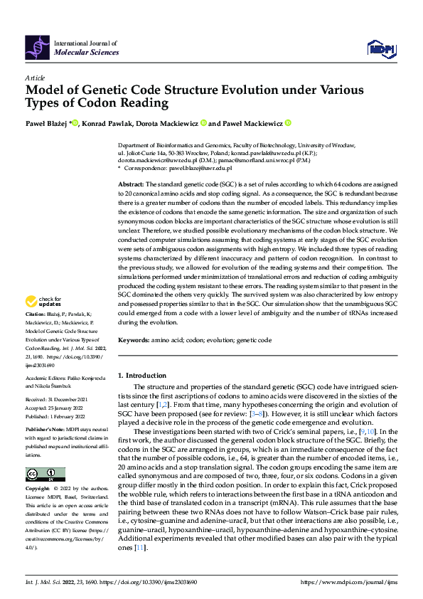 (PDF) Model of Genetic Code Structure Evolution under Various Types of ...