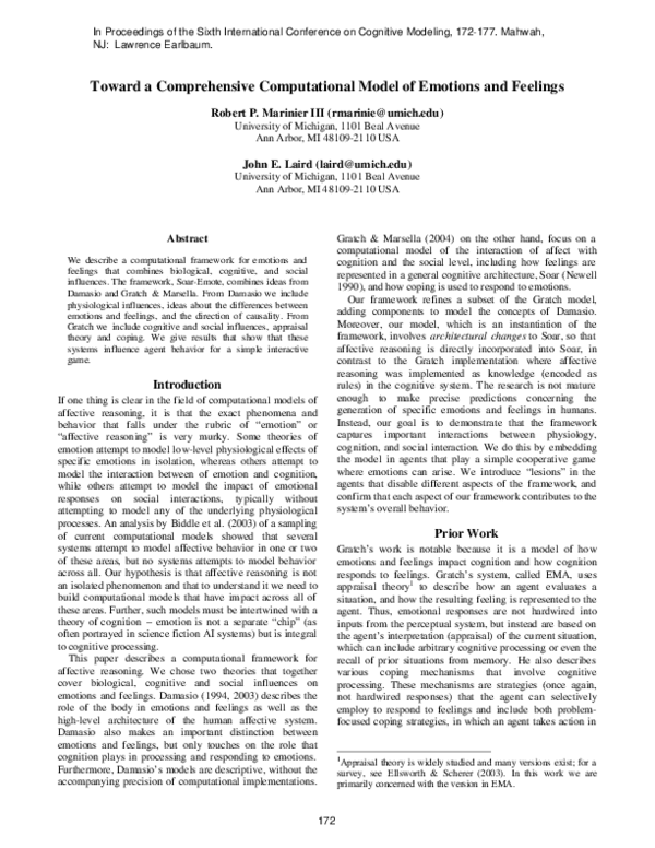 (PDF) Toward a comprehensive computational model of emotions and feelings