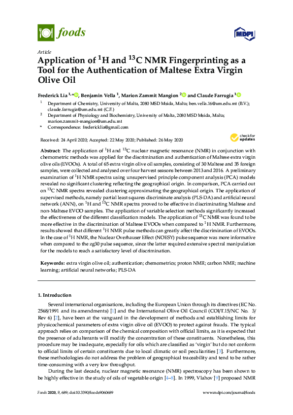 (PDF) Application of 1H and 13C NMR Fingerprinting as a Tool for the ...